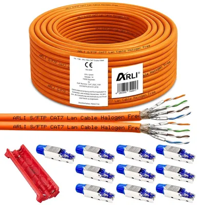 Produktbild von ARLI 50 m Duplex Cat7 Verlegekabel S/FTP LSZH + 10x RJ45 Cat8.1 Stecker werkzeuglos + Kabelmesser Netzwerkkabel Orange