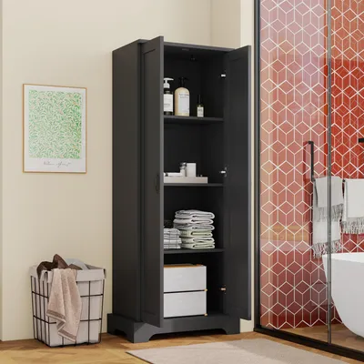 Immagine prodotto di MODFU - Mobiletto alto da bagno, design semplice con due ante, mobile contenitore con quattro ripiani, ampio spazio di archiviazione, colore nero