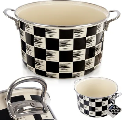 A collage of three images showing an enamel pot with a black and white checkered pattern.