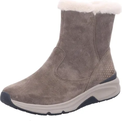 A single gray boot with white fur trim is shown against a white background.