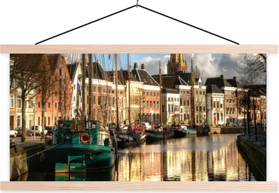 Produktbild von MuchoWow® Textilposter Groningen - Grachtenhaus - Segelboot 120x60 cm mit holzfarbenen Rahmen - Klemmleiste