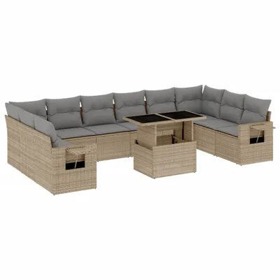 Produktbild von 11-tlg. Garten-Sofagarnitur mit Kissen Beige Poly Rattan