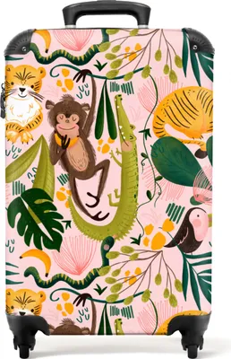 Obrázok produktu pre NoBoringSuitcases.com® Kufr Príručná batožina na kolieskach Rolling suitcase Malý kufor na 4 kolieskach - Wild animals - Jungle - Plants - Girls - Pink - Cabin Size < 55x40x23 cm & 55x40x20 cm - Foto kufor - Cabin suitcase - Board luggagePríručná batožina Kufor 55x35x20 cm, 36L,