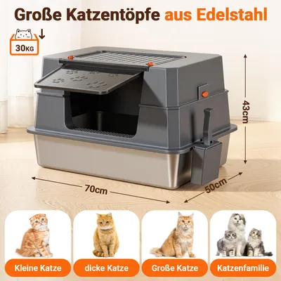 Image de Litière pour chat Peviasot XXL en acier inoxydable, dimensions 70 x 50 x 43 cm, avec couvercle rabattable, spacieuse, de couleur grise et noire