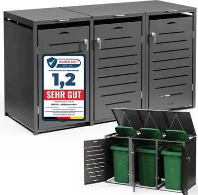 A set of three anthracite-colored trash can enclosures with green trash cans inside, shown from a slightly elevated front-diagonal angle. The enclosures have slatted doors and tops. One enclosure has a prominent test rating sticker.