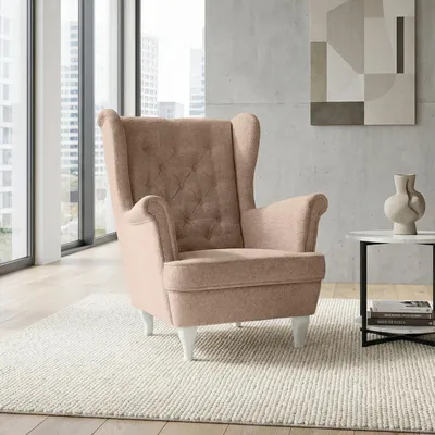 Produktbild von Ohrensessel mit Steppung, Sessel im Chesterfield Stil FALCO (Stoff: Raven 38 - Bronze, Beinefarbe: Weiß)