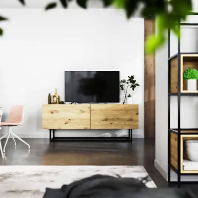 Produktbild von Loft TV-Schrank TV-Lowboard Enjoy Zweitürig Schwarze Metall Fußgestell Modern Lindner Möbel 120cm x 46cm x 35cm Farbe: Eiche artisan matt