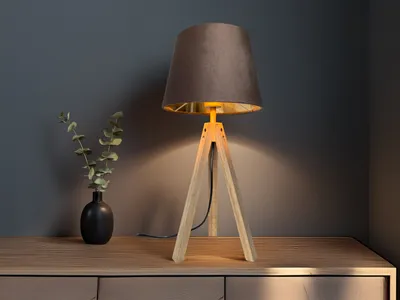 Produktbild von Große Dreibein Tischlampe Holzfuß mit Samt Lampenschirm Braun Gold Höhe 55cm