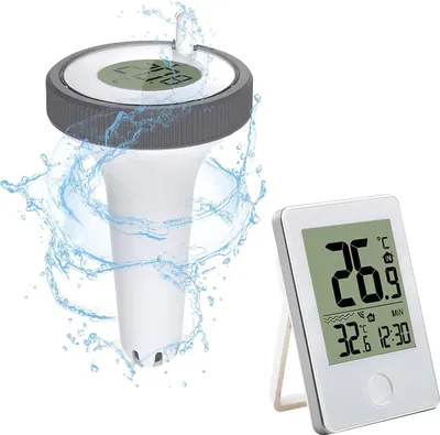Produktbild von Schwimmbadthermometer für Schwimmbäder und Teiche - Wasserfest und einfach ablesbar - Mit Indoor-Temperaturanzeige