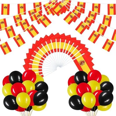 Produktbild von BBTO Spanische Flaggen-Set: Enthält 2 Girlanden, 20 kleine Handflaggen, 60 Ballons, geeignet für Feiern, Sportveranstaltungen, Fußballspiele und Paraden (Spanien)