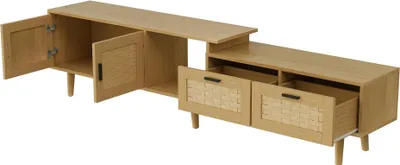 Image de Meuble TV bas en rotin - Meuble TV - Extensible de 146 à 180 cm - Deux tiroirs - Structure en bois - Pour téléviseur jusqu'à 190 cm - Naturel