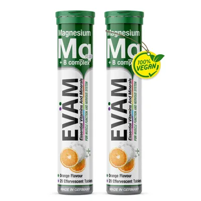 Image de EVÄM : Comprimés effervescents Magnésium + Complexe B – 300 mg de magnésium + vitamines B1, B2, B6, B12, saveur orange – 2 tubes de 20 comprimés (40 comprimés)