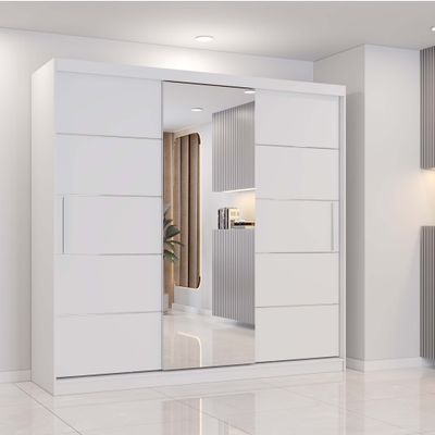 Schwebetürenschrank Kleiderschrank Schrank 233 cm Weiß/Weiß mit Spiegel  - Astra