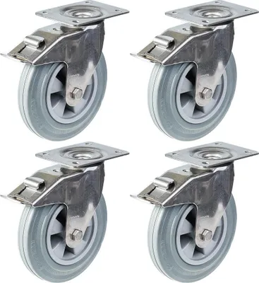 Produktbild von 200mm 8" Edelstahlrollen grau Gummi, drehbar mit Bremse, 820kg, 4er Set