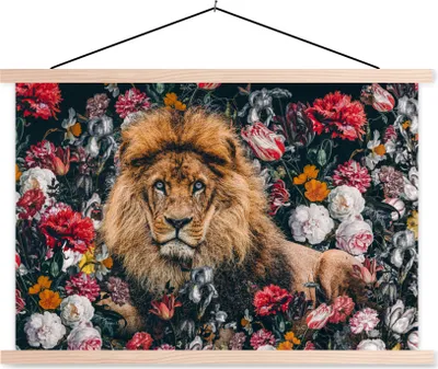Produktbild von MuchoWow® Textilposter Löwen - Blumen - Farbe 120x80 cm mit holzfarbenen Rahmen - Aufhängeset