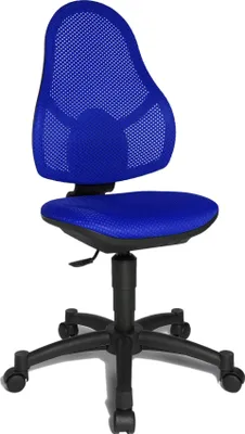 A blue and black office chair with a mesh back and a five-wheeled base.