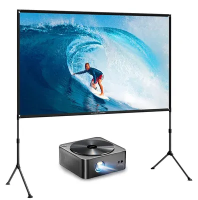 Zdjęcie produktu dla Projektor Beamer - Mini projektor - Full HD natywna rozdzielczość 1080P - w zestawie z ekranem projekcyjnym E-ALR o przekątnej 120 cali i statywem