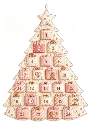 Obrázok produktu pre DIY adventný stromček zo látky s 24 vreckami – súprava na vytvorenie visiacho kalendára – opakovane použiteľná, ručne vyrobená vianočná dekorácia, ružová