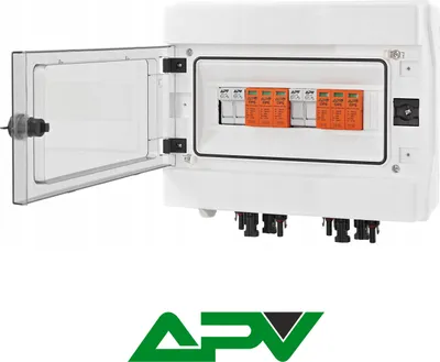 A white electrical enclosure with a clear hinged door, containing orange and white circuit breakers. Several black connectors are visible at the bottom. A logo is present at the bottom.