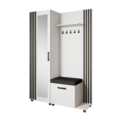 Produktbild von Garderoben-Set LIVIA Rechts Weiß – Garderobenschrank mit Spiegel, Aufhängern, Schuhschrank mit schwarzen Sitzkissen, Lamellen in Schwarz, Hochschrank