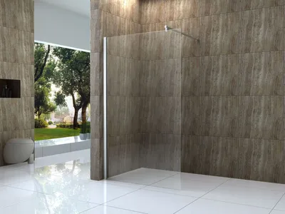 A modern bathroom with a glass shower enclosure, tiled walls, and a view of a garden through a large window.