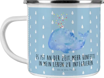 Produktbild von Mr. & Mrs. Panda Emaille Becher Wal Konfetti - Blau Pastell - Geschenk, Neustart, Geburtstag, Kaffeepott, Pott, wandertasse, Meer, Diät, Trennung, Teetasse, Abnehmen