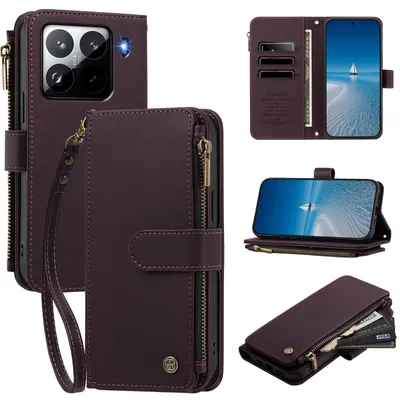 Obrázek produktu pro Pouzdro pro Xiaomi 15 Pro,Polyuretankůže peněženkové pouzdro, na karty, kapsa na zip, stojánek, poutko Fialová