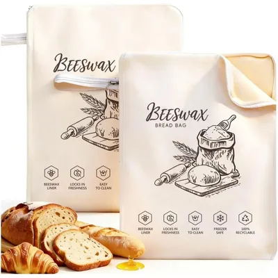 Produktbild von Bienenwachs Brotbeutel, wiederverwendbar für Sauerteig & selbstgebackenes Brot, 33x43 cm, mit Reißverschluss für Frische