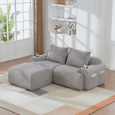 Produktbild von MODFU Modulares Sitzgruppe Zweisitzer Loungesofa mit integrierte Cupholder im Armlehnenmodul,Cordsofa mit Hockern,Polstermöbel mit seitlicher Aufbewahrungstasche,Hellgrau