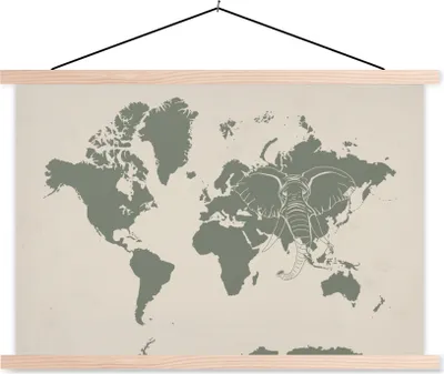 Produktbild von MuchoWow® Textilposter Weltkarte - Tiere - Elefant 120x80 cm mit holzfarbenen Rahmen - Aufhängeset