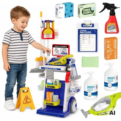 Image de Woopie, ensemble de nettoyage pour enfants : chariot aspirateur, accessoires XXL, 22 pièces