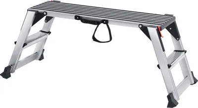 A silver and black folding work platform against a white background.