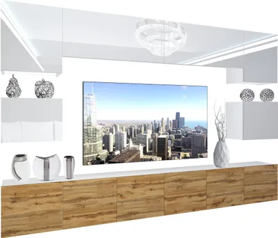 Produktbild von BELINI Wohnwand Vollausstattung Wohnzimmer-Set Moderne Schrankwand mit LED-Beleuchtung Weiß Glänzend Anbauwand TV-Schrank Weiß / Eiche Wotan Glänzend/Matt