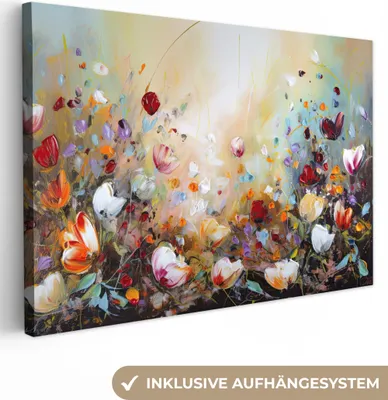 Produktbild von MuchoWow® - Leinwandbilder - Ölfarben - Blumen - Farbenfroh - Natur, Wandbild, Wanddeko Bilder Wohnzimmer, 90x60cm