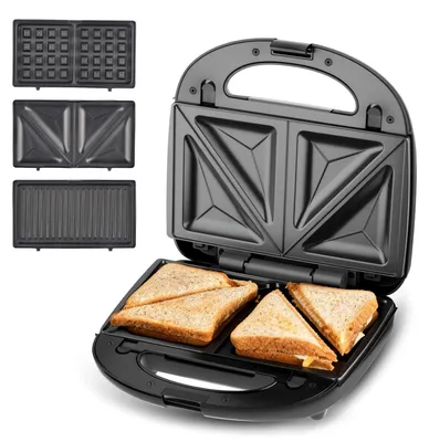 Produktbild von 3-in-1 Sandwichmaker - Waffeleisen & Kontaktgrill - 800 W - 220 V EU-Stecker - Antihaftbeschichtung - XXL Toastplatten - Schwarz/Silber