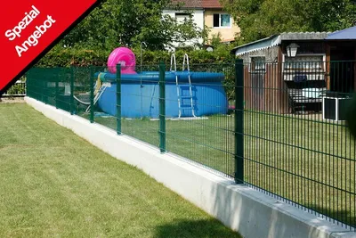 Produktbild von Zaun Gartenzaun Komplettset 10 m, Farbe: grün, Höhe: 143 cm, mit Fußplatten, Doppelstabmatten 6/5/6