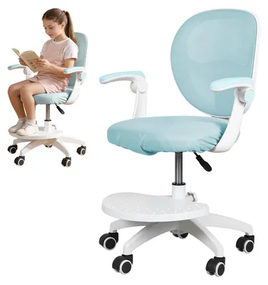 Produktbild von Kinderschreibtischstuhl mit verstellbarer Fußstütze und klappbaren Armlehnen, Kinder-Computerstuhl, 360° drehbarer Bürostuhl mit Netzbezug für Zuhause, Schlafzimmer oder Lernzimmer