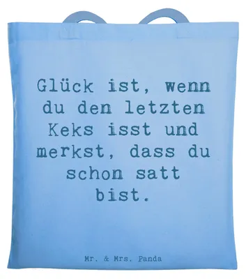 Produktbild von Mr. & Mrs. Panda Jutetasche Spruch Glück Erfüllung - Sky Blue - Geschenk, Lebensfreude, Einkaufstasche, Gefühl, Zitat, Tote Bag, Motivation, kleine Freuden, Stoffbeutel