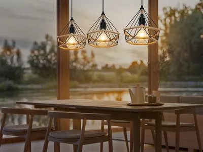 Produktbild von LED Balkenpendelleuchte Hanfseil für über Esstisch, 3 Drahtgestell Lampenschirme