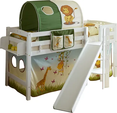 Produktbild von Podestbett mit Rutsche "Tino" Buche Weiß Motiv (Safari)