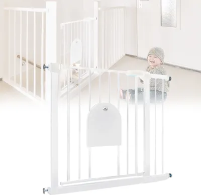 Image de Barrière de sécurité XMTECH Barrière de sécurité sans perçage 85-95cm Barrière de sécurité avec portillon pour chiens et chats (Blanc)