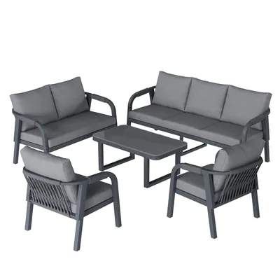 Produktbild von 5-tlg. Gartenlounge-Set Sitzgruppe für 7 Personen Seilgeflecht & Eisen Grau, Lounge-Set mit Glastisch wetterfest