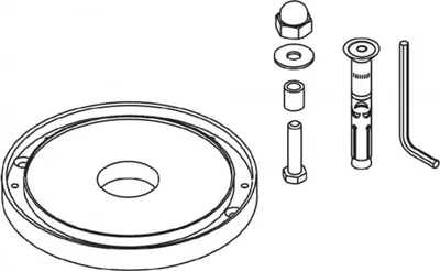 An isometric illustration of a set of hardware components for mounting an object, likely a garden umbrella or similar item, to the ground. The components include a large circular base plate with a central hole, a bolt with a hexagonal head, a cylindrical s