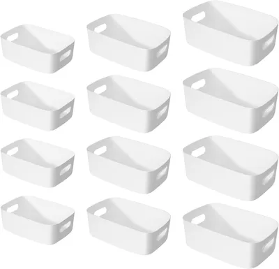 Zdjęcie produktu dla 12 sztuk białych plastikowych pojemników z uchwytami, idealnych do przechowywania w łazience i kuchni