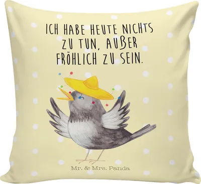 Produktbild von Mr. & Mrs. Panda kissen für sofa Rabe Sombrero - Gelb Pastell - Geschenk, 40 x 40, Sofakissen, Vögel, kuschelkissen 40x40, bedruckt, Lustige Sprüche, Motivation, Elster