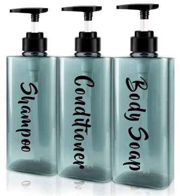 Image de Lot de 3 distributeurs de savon, distributeur de gel douche de 500 ml, flacon de shampoing rechargeable pour la salle de bain, distributeur à pompe pour gel douche, shampoing et lotions (bleu, 7,3 x 5,5 cm)