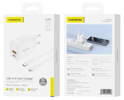 Zdjęcie produktu dla Foneng Ładowarka Sieciowa Eu56 Gan Pd 20W 1Xusb-C + 1Xusb Qc3.0 + Kabel Usb-C - Lightning Biały