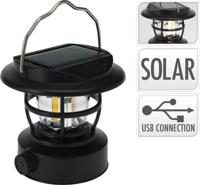 Obrázok produktu pre Čierna kempingová lampa s USB a solárnym nabíjaním