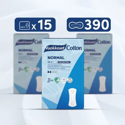 Zdjęcie produktu dla ZAPAS Wkładek Bawełna NORMAL 390 szt. Vuokkoset | 100% Bio-Bawełna, Hipoalergiczne, Biodegradowalne |  Pakiet Codziennej Świeżości
