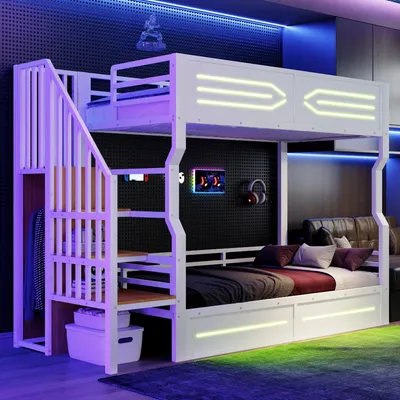 Image de Lit superposé 90 x 200 cm avec éclairage LED, escalier avec espace de rangement et petite armoire, barrière de sécurité haute, en fer, contreplaqué et MDF, noir et blanc